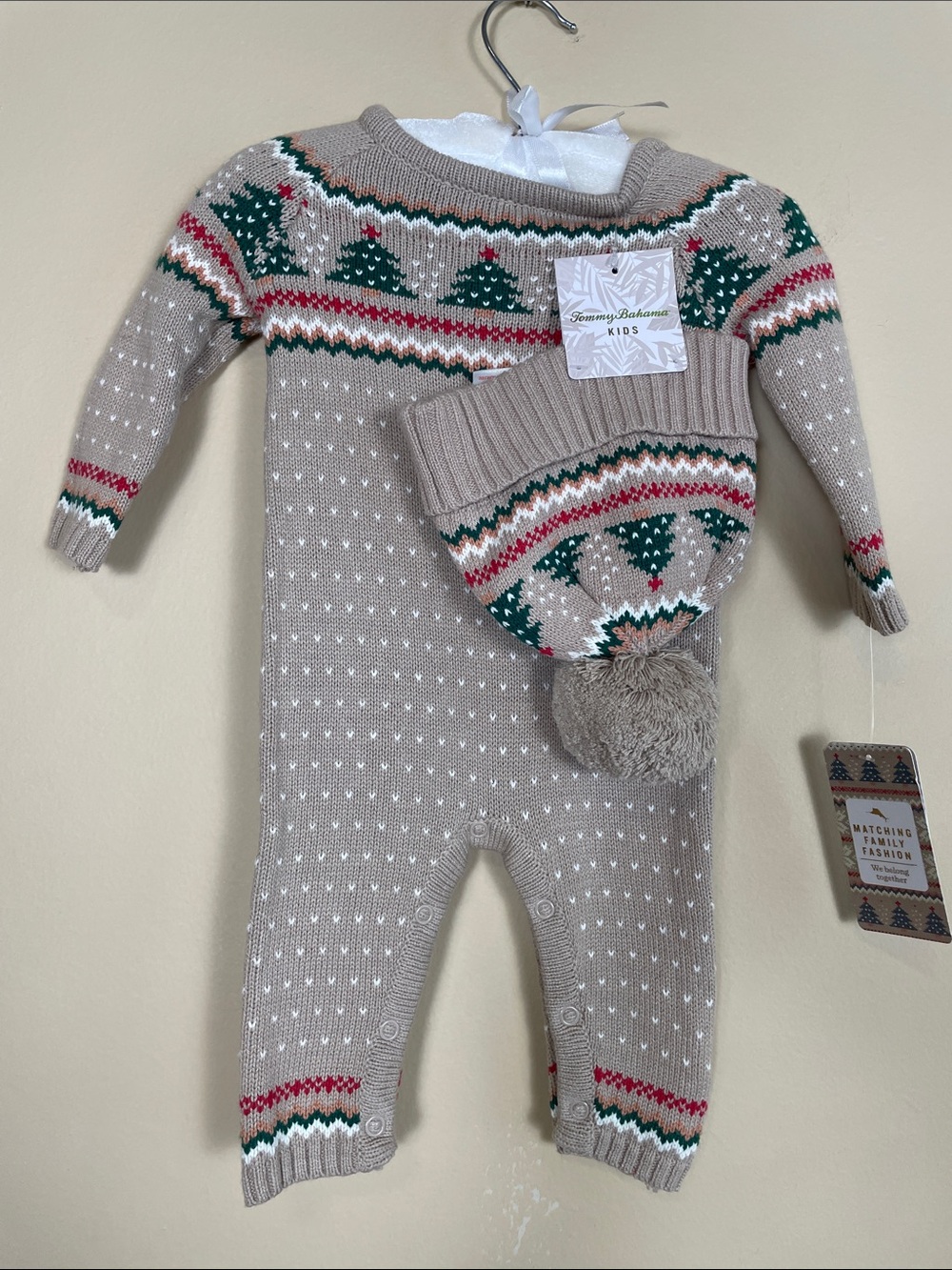 NWT Tommy Bahama Kids Baby Beige Knit Holiday One-Piece with Matching Pom Hat